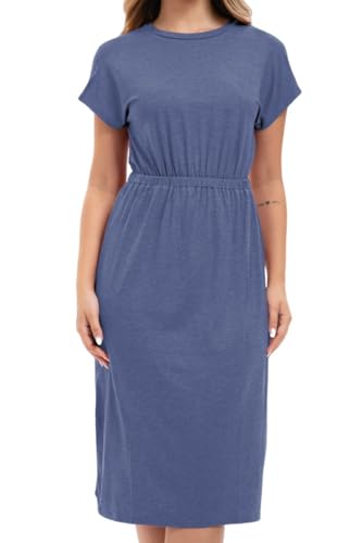 PrinStory Damen Strickkleid Weiche Kurzarm Drucken Rundkragen Freizeitkleid Damen Lässig Elastische Taille Pulloverkleid (Blau, XL) von PrinStory