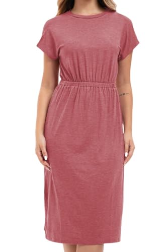 PrinStory Damen Strickkleid Weiche Kurzarm Drucken Rundkragen Freizeitkleid Damen Lässig Elastische Taille Pulloverkleid (Bohnenpaste Rot, XL) von PrinStory