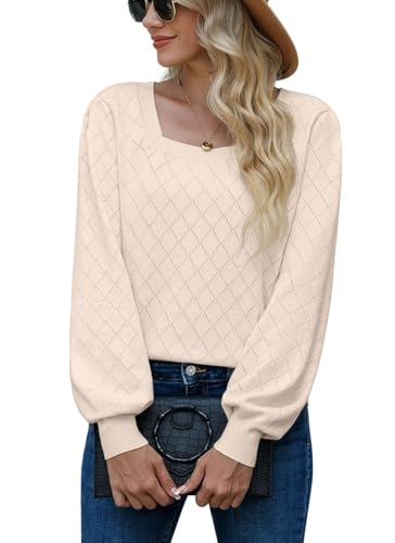 PrinStory Damen Strickpullover Langen Ärmeln Pullover Quadratischer Ausschnitt Elegante Sweaters Lässige Strickwaren (Beige, XXL) von PrinStory