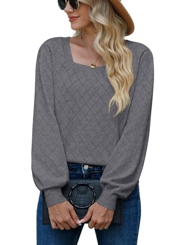 PrinStory Damen Strickpullover Langen Ärmeln Pullover Quadratischer Ausschnitt Elegante Sweaters Lässige Strickwaren (Dunkelgrau, M) von PrinStory