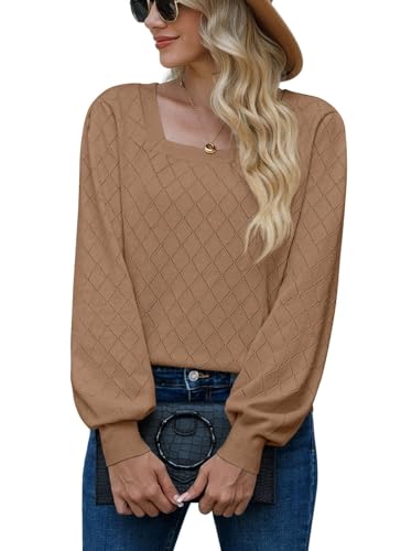 PrinStory Damen Strickpullover Langen Ärmeln Pullover Quadratischer Ausschnitt Elegante Sweaters Lässige Strickwaren (Khaki, S) von PrinStory