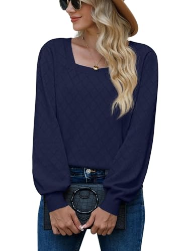 PrinStory Damen Strickpullover Langen Ärmeln Pullover Quadratischer Ausschnitt Elegante Sweaters Lässige Strickwaren (Marineblau, L) von PrinStory