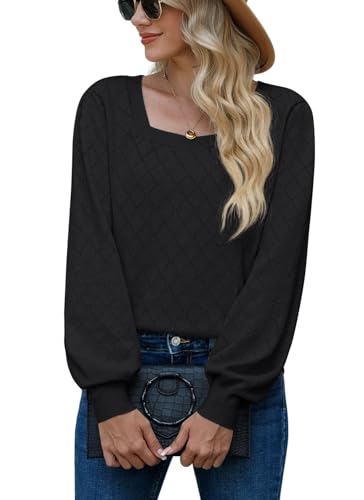 PrinStory Damen Strickpullover Langen Ärmeln Pullover Quadratischer Ausschnitt Elegante Sweaters Lässige Strickwaren (Schwarz, M) von PrinStory