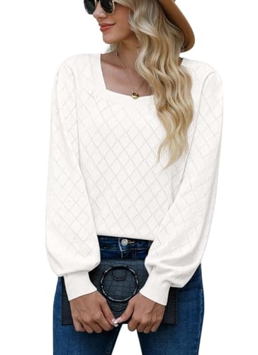 PrinStory Damen Strickpullover Langen Ärmeln Pullover Quadratischer Ausschnitt Elegante Sweaters Lässige Strickwaren (Weiß, XXL) von PrinStory