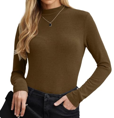 PrinStory Damen Sweatshirts Lange Ärmel Pullover Stretch Rollkragen Basic Oberteile Schmaler Passform T Shirt Lässig Tunika Tops (Braun, L) von PrinStory