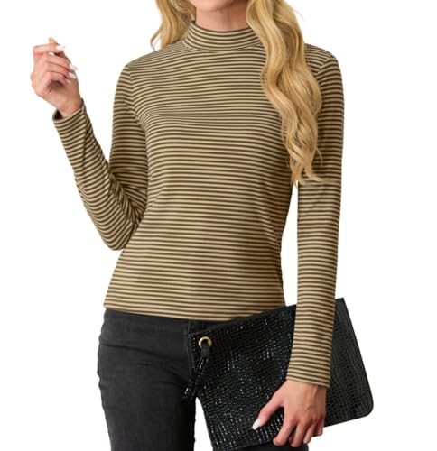 PrinStory Damen Sweatshirts Lange Ärmel Pullover Stretch Rollkragen Basic Oberteile Schmaler Passform T Shirt Lässig Tunika Tops (Kaffee Streifen, S) von PrinStory