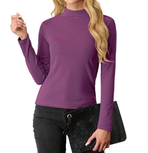 PrinStory Damen Sweatshirts Lange Ärmel Pullover Stretch Rollkragen Basic Oberteile Schmaler Passform T Shirt Lässig Tunika Tops (Rose Marineblau Streifen, M) von PrinStory