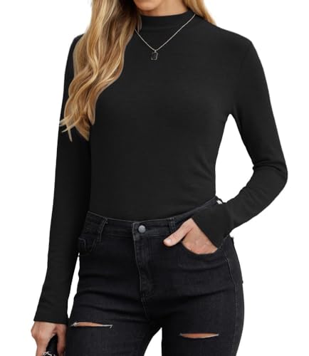 PrinStory Damen Sweatshirts Lange Ärmel Pullover Stretch Rollkragen Basic Oberteile Schmaler Passform T Shirt Lässig Tunika Tops (Schwarz, S) von PrinStory