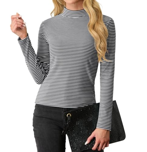 PrinStory Damen Sweatshirts Lange Ärmel Pullover Stretch Rollkragen Basic Oberteile Schmaler Passform T Shirt Lässig Tunika Tops (Schwarz Weiß Streifen, XXL) von PrinStory