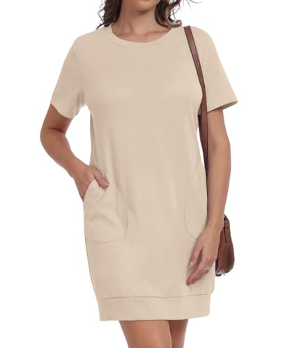PrinStory Damen T Shirt Kleid Kurzarm Sommerkleider Mit Taschen Rundhals Weich Freizeitkleider Atmungsaktiv Basic Kleid (Aprikose,XXL) von PrinStory