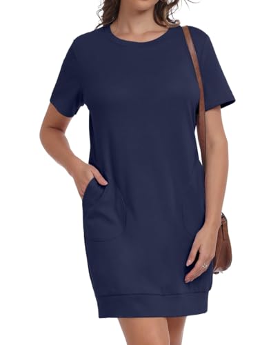 PrinStory Damen T Shirt Kleid Kurzarm Sommerkleider Mit Taschen Rundhals Weich Freizeitkleider Atmungsaktiv Basic Kleid (Marineblau,L) von PrinStory