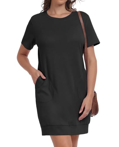 PrinStory Damen T Shirt Kleid Kurzarm Sommerkleider Mit Taschen Rundhals Weich Freizeitkleider Atmungsaktiv Basic Kleid (Schwarz,XXL) von PrinStory