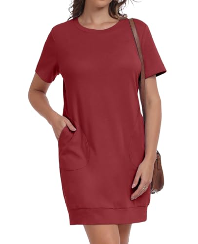 PrinStory Damen T Shirt Kleid Kurzarm Sommerkleider Mit Taschen Rundhals Weich Freizeitkleider Atmungsaktiv Basic Kleid (Weinrot,XL) von PrinStory