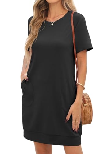 PrinStory Damen T Shirt Kleid Sommerkleider Rundhalsausschnitt Weich Atmungsaktiv Freizeitkleider Basic Kurzarm Sommer Shirt Kleid Mit Taschen (Schwarz,L) von PrinStory