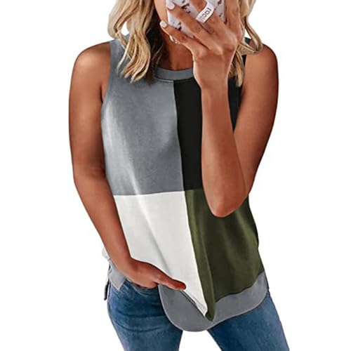 PrinStory Damen Tank Top Basic Baumwolle Sommer Tanktops Rundhals Clashing Farben Ärmellose Oberteile (Grün, S) von PrinStory