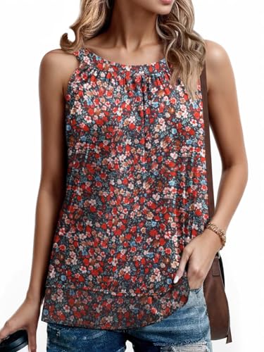 PrinStory Damen Tanktop Neckholder Doppellagig Plissiert Ärmellos Chiffon Weste (Kleine Blume Rot,L) von PrinStory