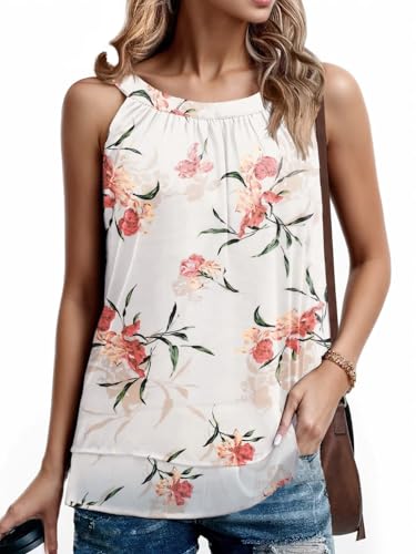 PrinStory Damen Tanktop Neckholder Doppellagig Plissiert Ärmellos Chiffon Weste (Weiße Iris,M) von PrinStory