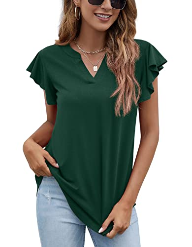 PrinStory Damen Top Lässig Schickes Damen Tshirt Fließende Rüschen Ärmel Schmeichelhafter V-Ausschnitt Damen Tshirt (Dunkelgrün, M) von PrinStory