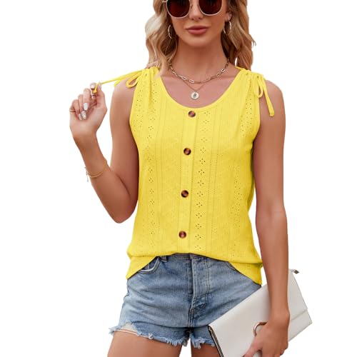 PrinStory Damen Weste Sommer Lässig Ärmellos Schulter Krawatte Knopfweste Top (Gelb, L) von PrinStory