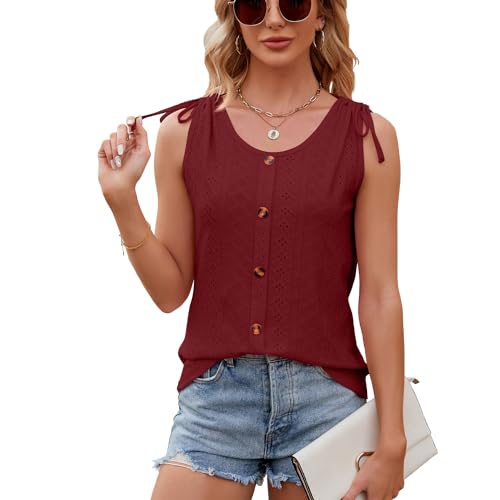 PrinStory Damen Weste Sommer Lässig Ärmellos Schulter Krawatte Knopfweste Top (Weinrot, XXL) von PrinStory
