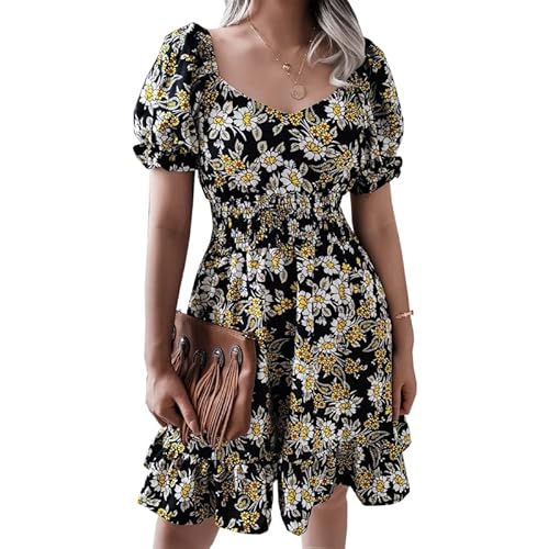 PrinStory Damenkleider Sommer 2025 Mode Lang/Kurze Ärmel Mit Taschen Einfarbig/Gedruckt Frühling Lässig Damen Mini Kleid (Schwarz, L) von PrinStory