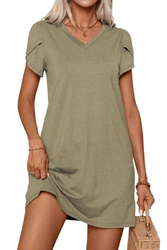 PrinStory Freizeitkleid Damen Lässig Sommer Einfarbig Damen Strickkleid Gestrickt Laterne Ärmel Pulloverkleid (Armeegrün, XL) von PrinStory