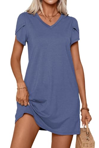 PrinStory Freizeitkleid Damen Lässig Sommer Einfarbig Damen Strickkleid Gestrickt Laterne Ärmel Pulloverkleid (Blau, L) von PrinStory