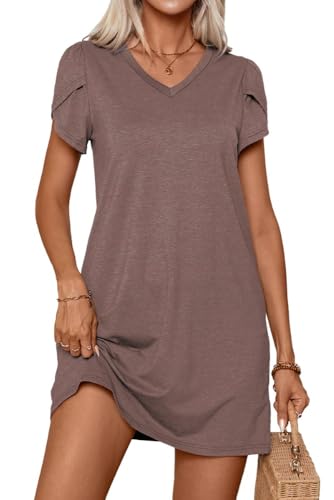 PrinStory Freizeitkleid Damen Lässig Sommer Einfarbig Damen Strickkleid Gestrickt Laterne Ärmel Pulloverkleid (Braun, L) von PrinStory