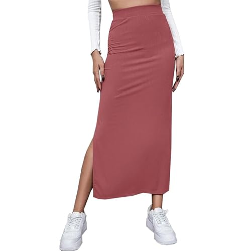 PrinStory Gerippte Röcke Damen Solide Farbe Hohe Taille Elastische Taille Langer Rock (Rot, XL) von PrinStory
