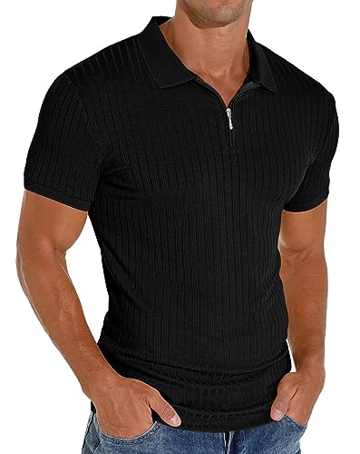 PrinStory Herren Polo Shirt Kurzarm Poloshirt Mit Reißverschluss Klassisch Golf Oberteile Freizeit Stretch Slim Fit T-Shirt (Schwarz,XXL) von PrinStory