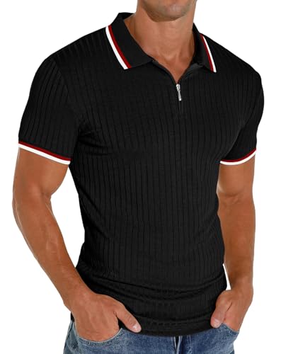 PrinStory Herren Polo Shirts Mit Reißverschluss Klassisch Stretch Schmale Passform Freizeit Arbeitskleidung (Zs Schwarz,L) von PrinStory
