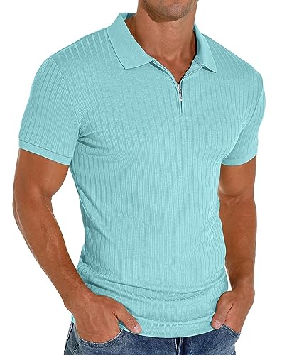 PrinStory Herren Poloshirt Mit Reißverschluss Kurzärmelig Gerippt Modisch Lässig Golf-Shirt (Zs Hellblau,M) von PrinStory