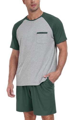 PrinStory Herren Schlafanzug Kurz Sommer Weich Pyjama Set Schlafanzug Pjs Leichte Kurzarmhemden Mit Rundhalsausschnitt Und Shorts Weiche Bequeme Schlafsets (Grün, L) von PrinStory
