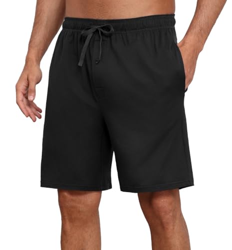 PrinStory Herren Schlafanzughose Kurz Elastische Taille Pyjama Shorts Mit Taschen Kurze Pyjamahose Schlafhose Loungehose (Schwarz,XXL) von PrinStory