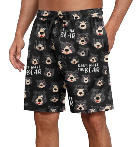 PrinStory Herren Schlafanzughose Kurz Elastische Taille Pyjama Shorts Mit Taschen Kurze Pyjamahose Schlafhose Loungehose (Schwarz Bär,XXL) von PrinStory