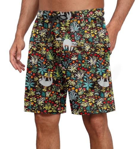 PrinStory Herren Schlafanzughose Kurz Elastische Taille Pyjama Shorts Mit Taschen Kurze Pyjamahose Schlafhose Loungehose (Schwarz Faultier,XXL) von PrinStory