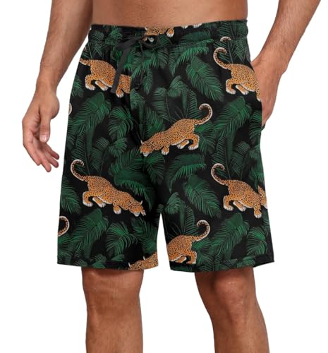 PrinStory Herren Schlafanzughose Kurz Elastische Taille Pyjama Shorts Mit Taschen Kurze Pyjamahose Schlafhose Loungehose (Schwarz Panther,S) von PrinStory