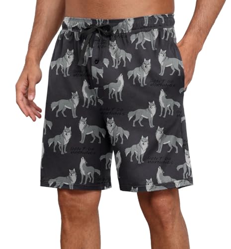 PrinStory Herren Schlafanzughose Kurz Elastische Taille Pyjama Shorts Mit Taschen Kurze Pyjamahose Schlafhose Loungehose (Schwarz Wolf,XL) von PrinStory