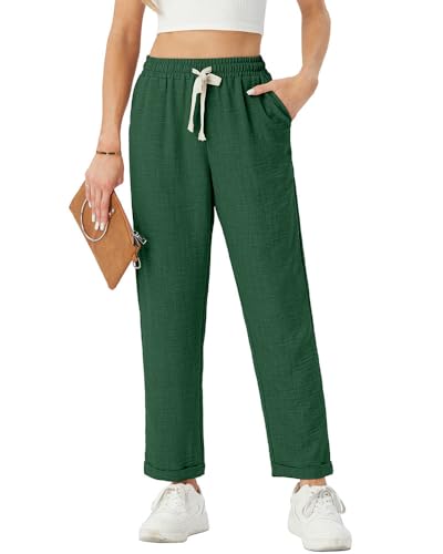 PrinStory Hose Damen Elegant Leichte Kordelzug Design Hose Bequeme Hose Luftige Freizeithose Lässig Hose Mit Taschen Hautfreundlich Stoffhose (Dunkelgrün, XL) von PrinStory