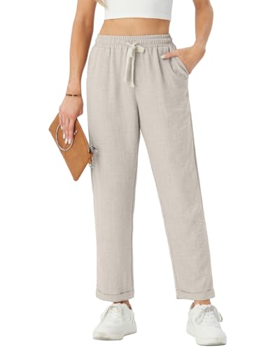 PrinStory Hose Damen Lässig Freizeithose Komfortabel Freizeithose Und Taschen Hose Stilvoll Strandhose Mit Taschen Einkaufen Hose Damen (Helles Khaki, L) von PrinStory