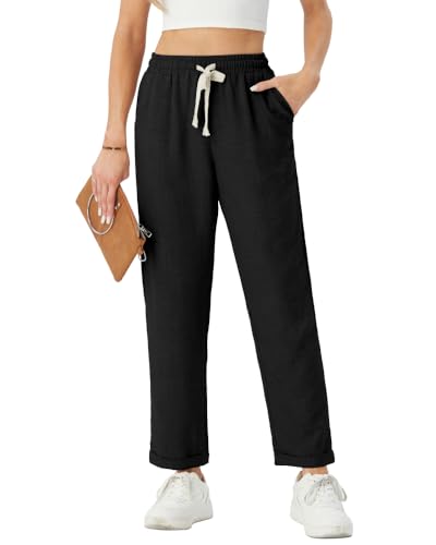 PrinStory Hose Damen Lässig Freizeithose Komfortabel Freizeithose Und Taschen Hose Stilvoll Strandhose Mit Taschen Weich Hose Damen (Schwarz, XXL) von PrinStory