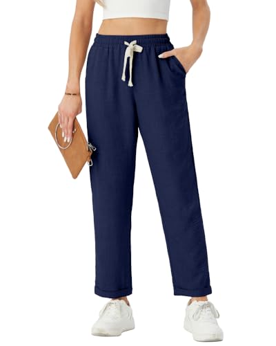 PrinStory Hose Damen Lässig Leichte Kordelzug Design Hose Bequeme Hose Luftige Freizeithose Stilvoll Hose Mit Taschen Stoffhose Damen (Marineblau, XL) von PrinStory