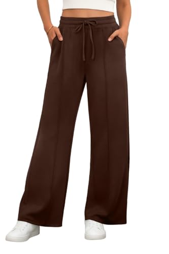 PrinStory Hosen Damen Stretch Hose Elastische Taille Freizeithose Weite Bein Stoffhose Gerades Bein Yogahose Mit Taschen (Braun, M) von PrinStory