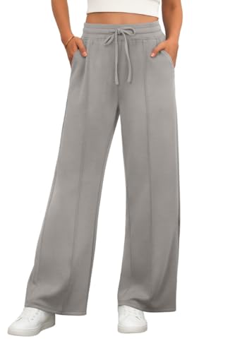 PrinStory Hosen Damen Stretch Hose Elastische Taille Freizeithose Weite Bein Stoffhose Gerades Bein Yogahose Mit Taschen (Hellgrau, XXL) von PrinStory