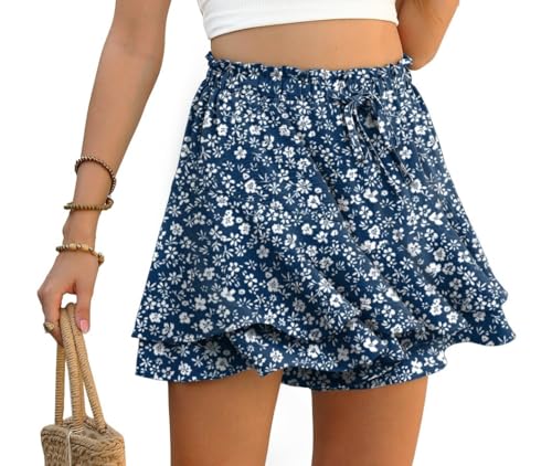 PrinStory Hosenrock Damen Kurz Rüschen Elastische Taille Shorts Sommer Weite Bein Kurze Hose Shorts Mit Mehrschichtigem Saum (Blaue Weiße Blume, M) von PrinStory