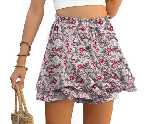PrinStory Hosenrock Damen Kurz Rüschen Elastische Taille Shorts Sommer Weite Bein Kurze Hose Shorts Mit Mehrschichtigem Saum (Graue Blume, M) von PrinStory
