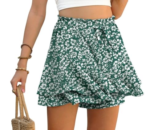 PrinStory Hosenrock Damen Kurz Rüschen Elastische Taille Shorts Sommer Weite Bein Kurze Hose Shorts Mit Mehrschichtigem Saum (Grüne Weiße Blume, S) von PrinStory