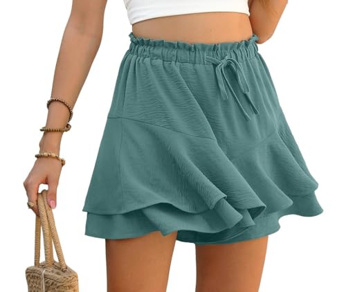 PrinStory Hosenrock Damen Kurz Rüschen Elastische Taille Shorts Sommer Weite Bein Kurze Hose Shorts Mit Mehrschichtigem Saum (Meeresgrün Aqua, S) von PrinStory