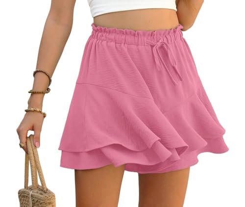 PrinStory Hosenrock Damen Kurz Rüschen Elastische Taille Shorts Sommer Weite Bein Kurze Hose Shorts Mit Mehrschichtigem Saum (Pfirsichrot, M) von PrinStory