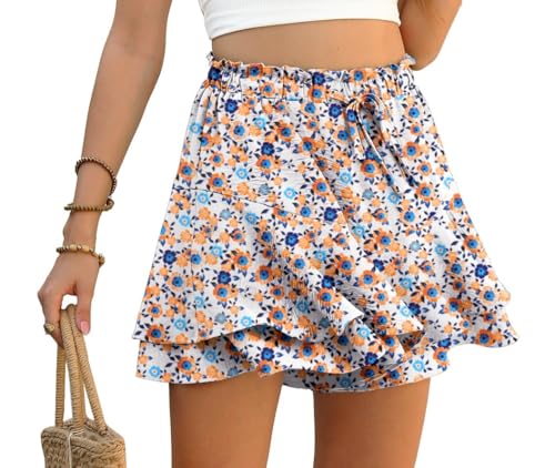 PrinStory Hosenrock Damen Kurz Rüschen Elastische Taille Shorts Sommer Weite Bein Kurze Hose Shorts Mit Mehrschichtigem Saum (Weiße Primel, L) von PrinStory